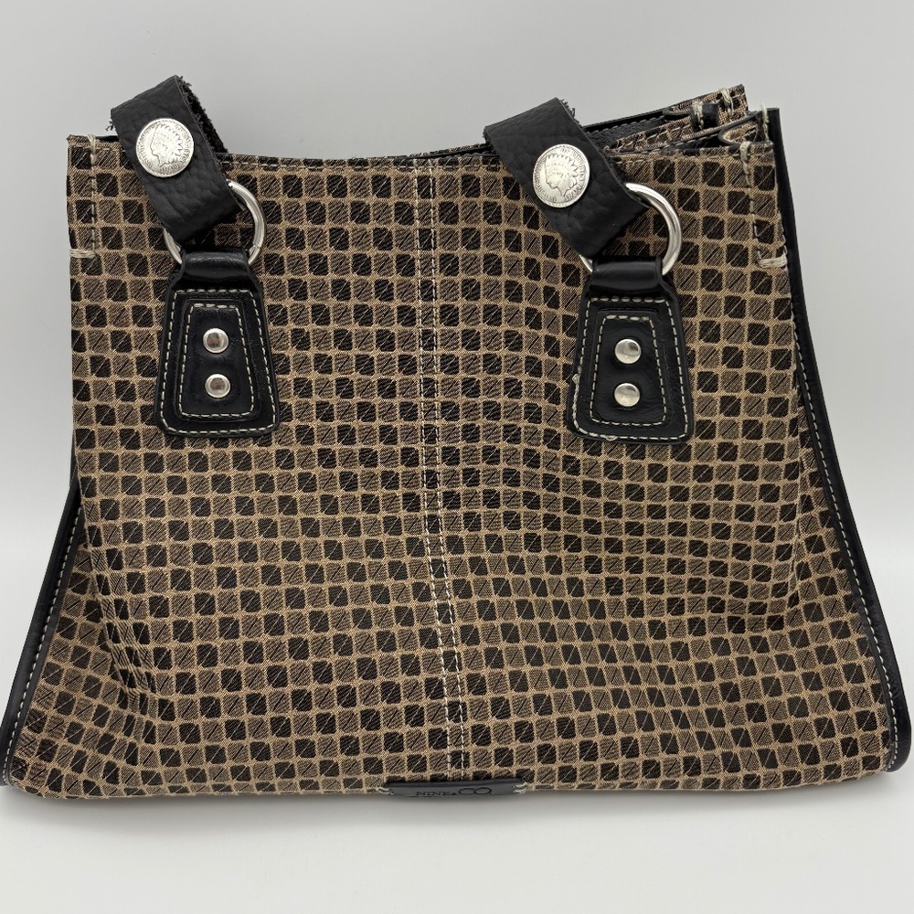 Nine & Co Satchel with Brown/Tan Checkered Pattern and Brown Leather Trim/Handle